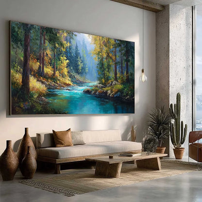 SUNBEAM CREEK: Vivid Forest River Landscape Oil Painting | green palette, original oil on stretched canvas art