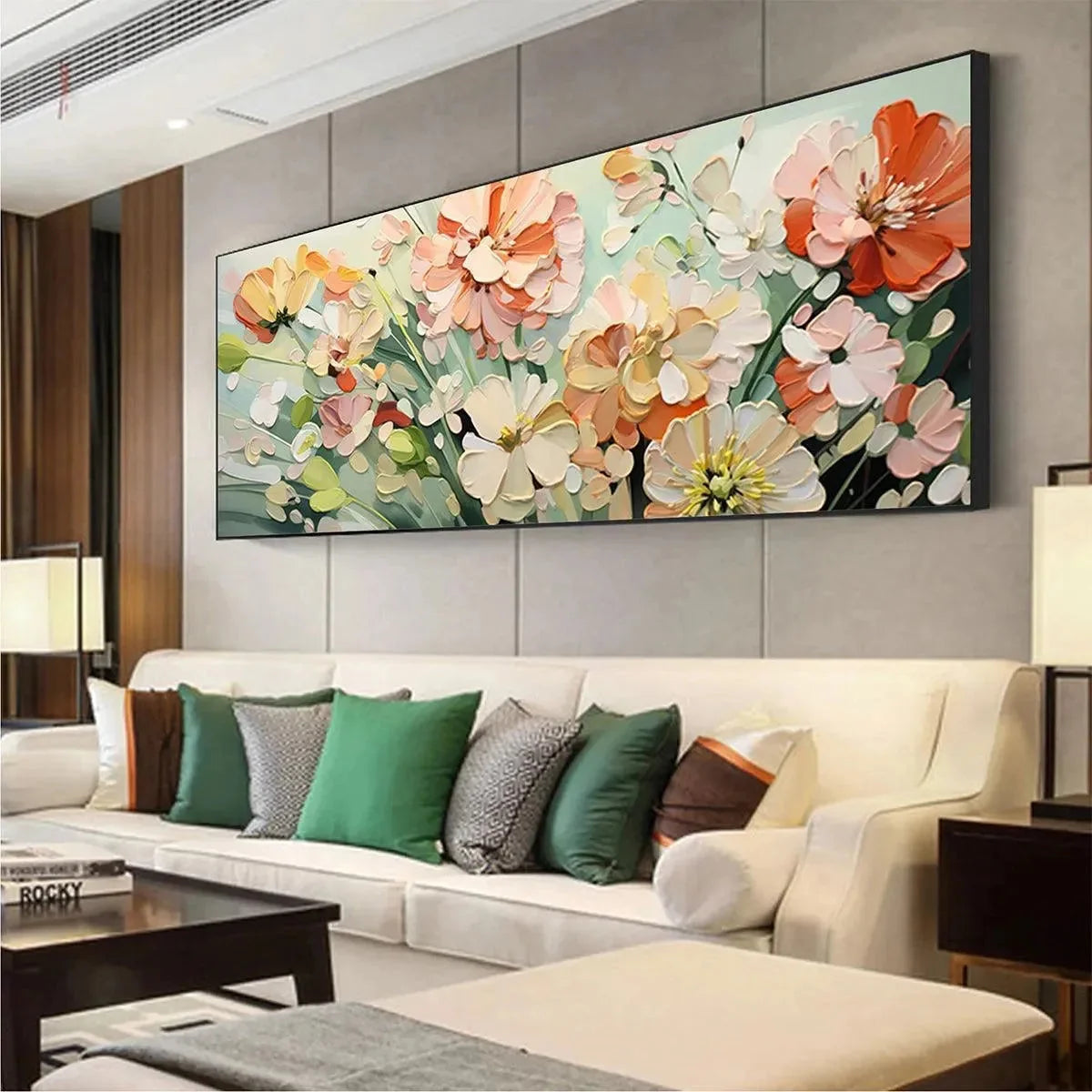 SUNKISSED GARDEN: Textured Floral Impasto Painting in Orange and White | gold frame stretched on neutral wall