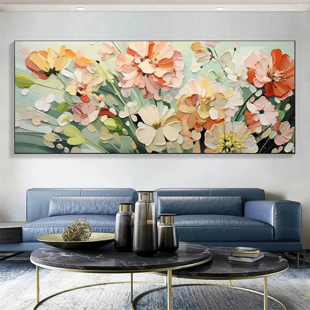 SUNKISSED GARDEN: Textured Floral Impasto Painting in Orange and White | black frame version on white wall
