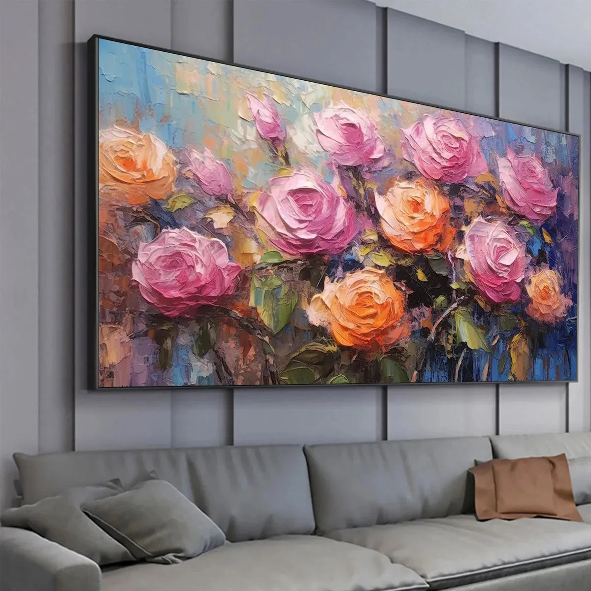 SUNKISSED ROSE HARMONY: Original Impasto Floral Oil Painting on Canvas | rectangular format, hand-painted canvas edge