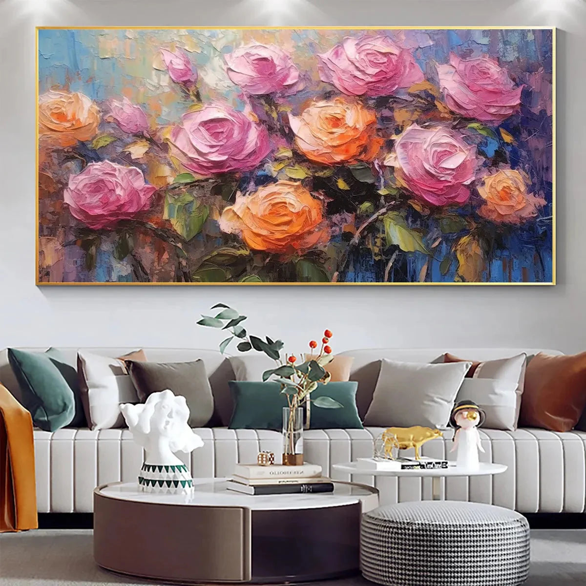 SUNKISSED ROSE HARMONY: Original Impasto Floral Oil Painting on Canvas | gold frame stretched on neutral wall