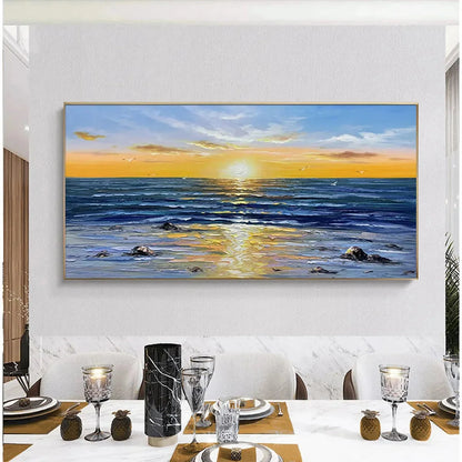 SUNKISSED SHORES: Panoramic Beach Sunset Painting | Abstract closeup, raised brushwork detail