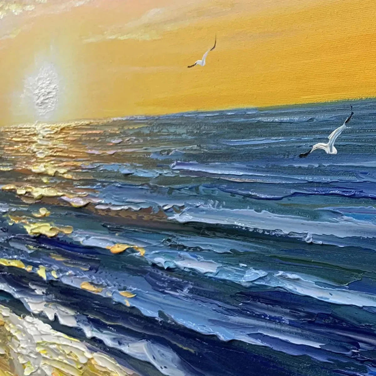 SUNKISSED SHORES: Panoramic Beach Sunset Painting | rectangular format, hand-painted canvas edge