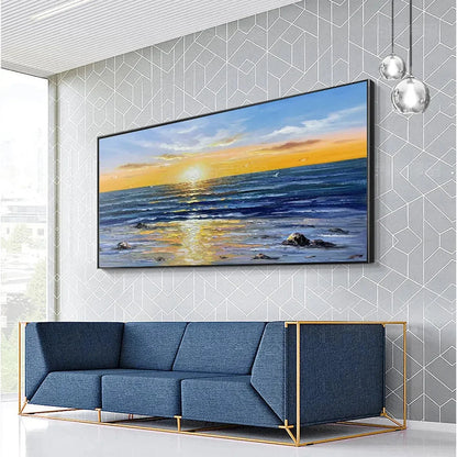 SUNKISSED SHORES: Panoramic Beach Sunset Painting | gold frame stretched on neutral wall