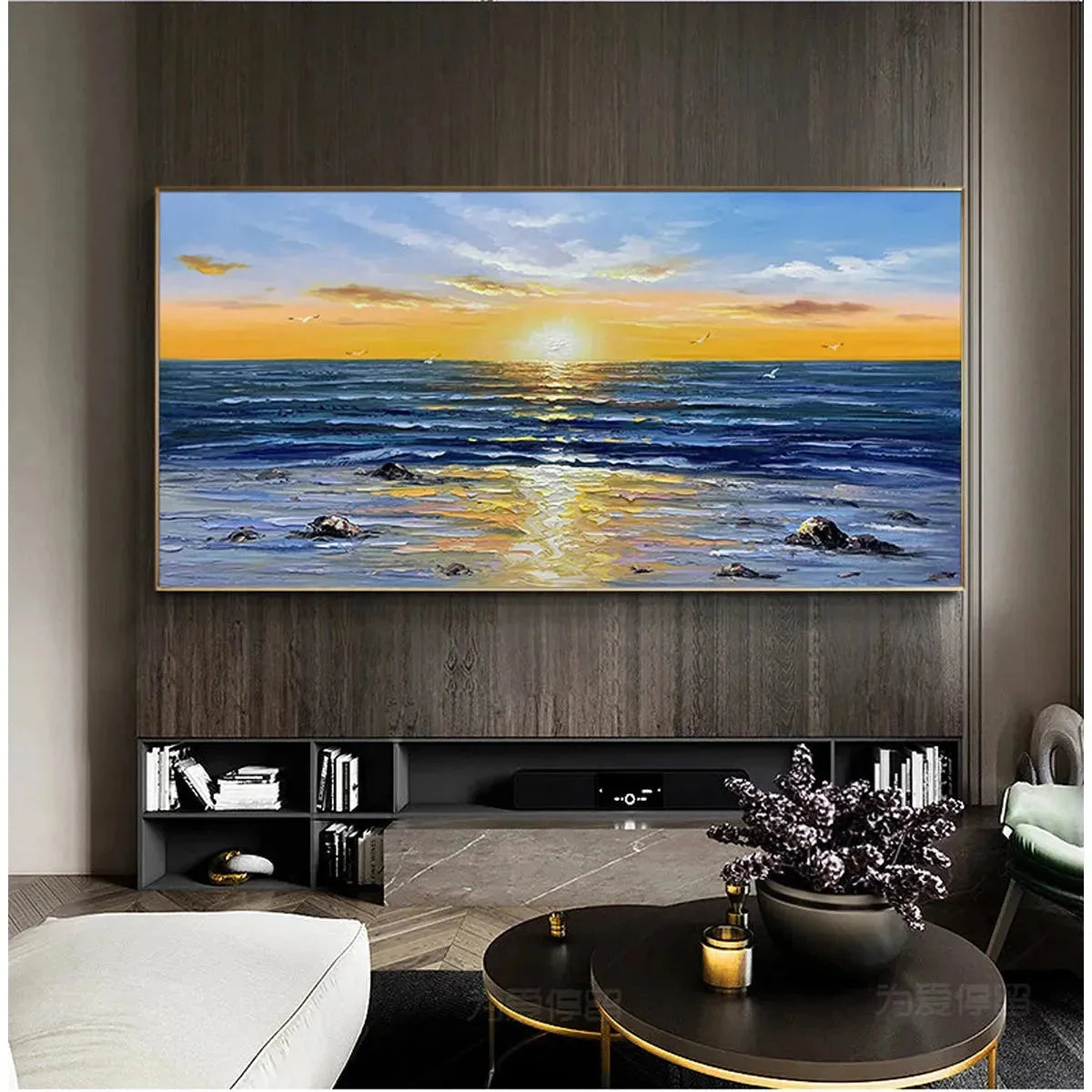 SUNKISSED SHORES: Panoramic Beach Sunset Painting | rolled canvas, ready for custom framing