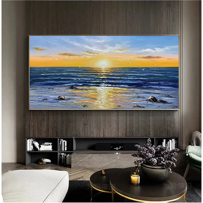 SUNKISSED SHORES: Panoramic Beach Sunset Painting | rolled canvas, ready for custom framing