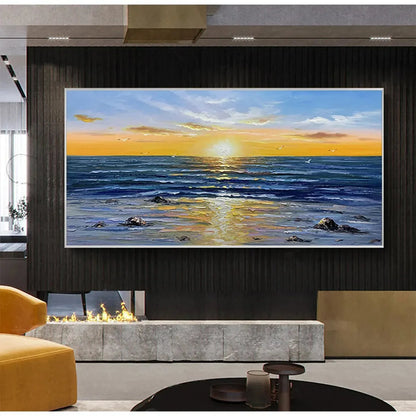 SUNKISSED SHORES: Panoramic Beach Sunset Painting | Abstract mood, soft natural light studio shot