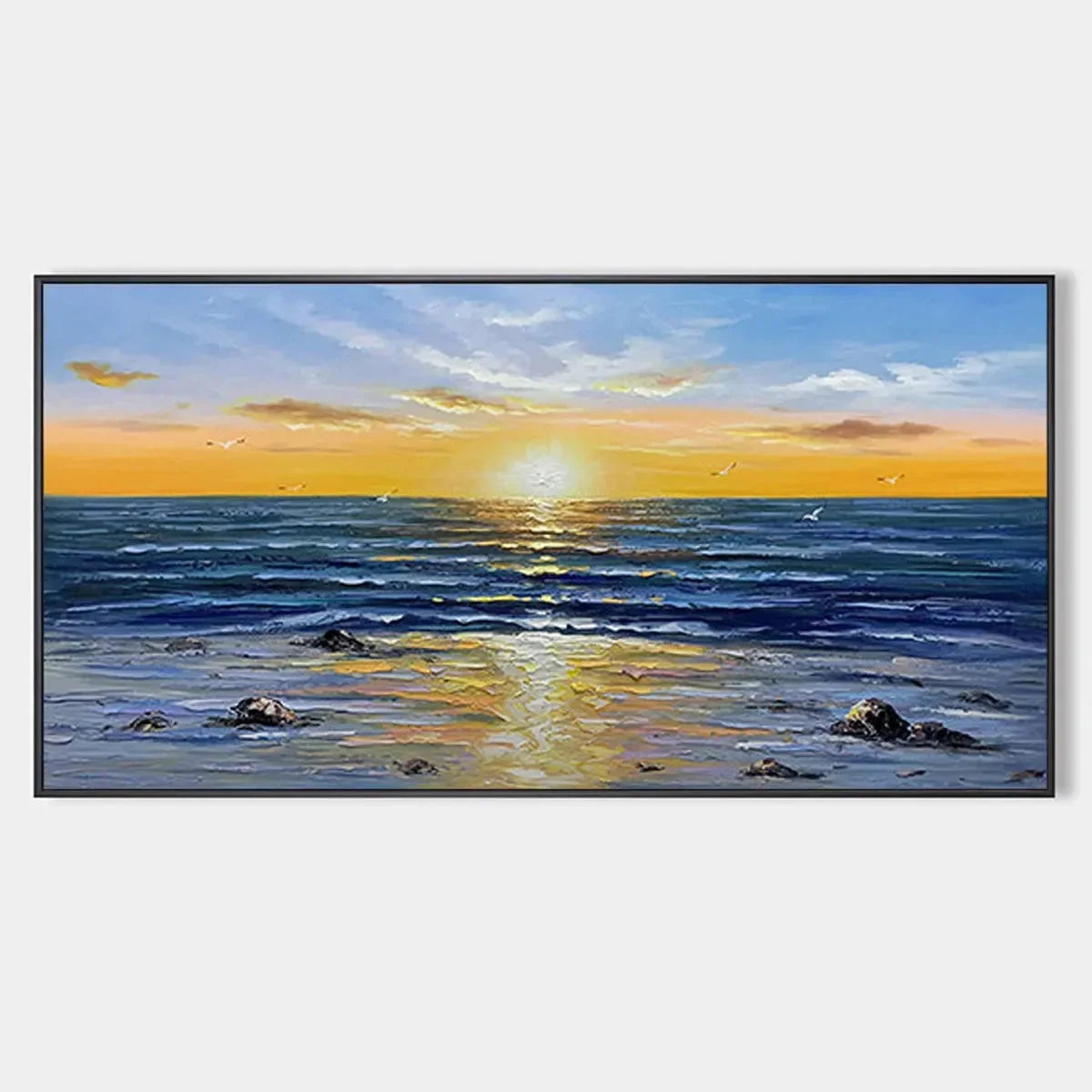 SUNKISSED SHORES: Panoramic Beach Sunset Painting | hanging in living room, Abstract wall art