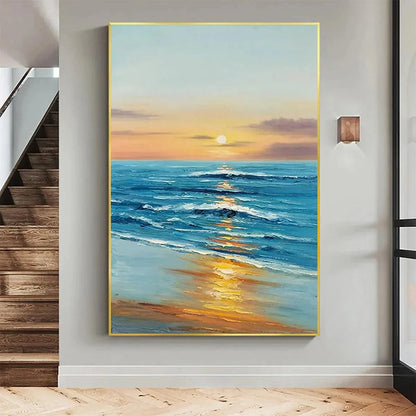 SUNKISSED SHORES: Vertical Ocean Sunset Painting, Beach Wall Art | Abstract closeup, raised brushwork detail