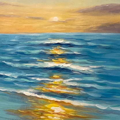 SUNKISSED SHORES: Vertical Ocean Sunset Painting, Beach Wall Art | rectangular format, hand-painted canvas edge