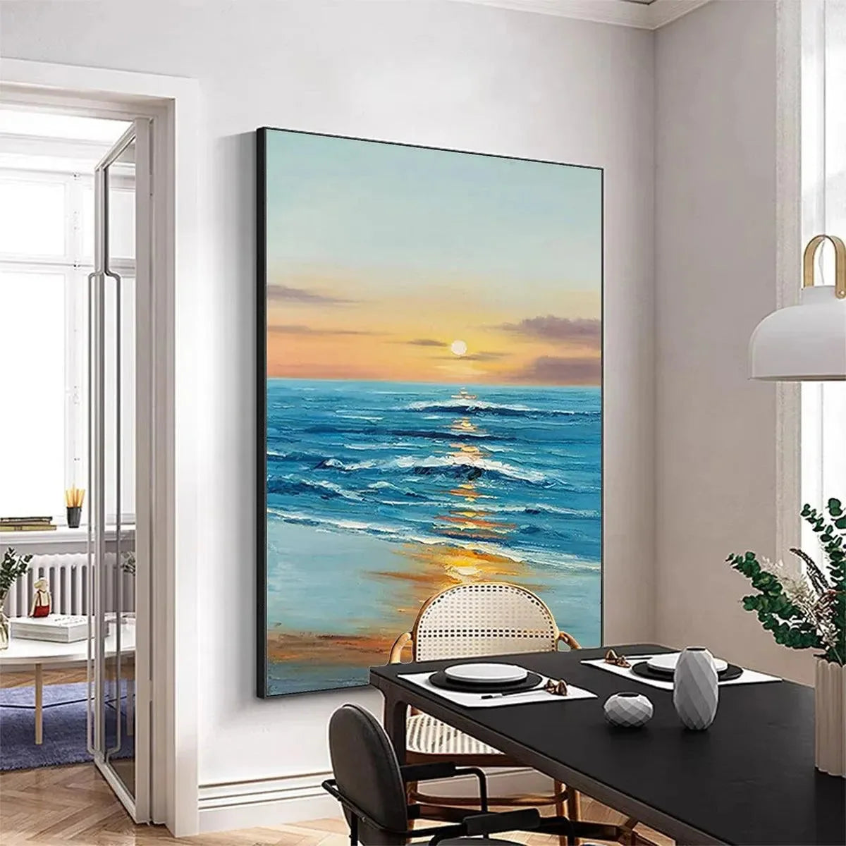 SUNKISSED SHORES: Vertical Ocean Sunset Painting, Beach Wall Art | gold frame stretched on neutral wall