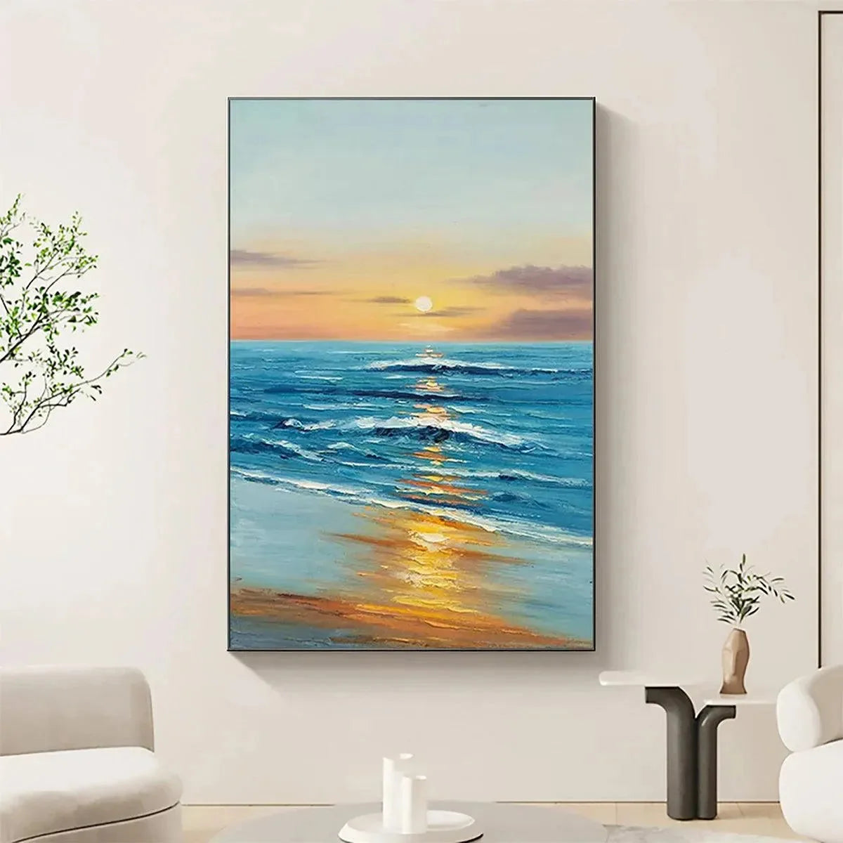 SUNKISSED SHORES: Vertical Ocean Sunset Painting, Beach Wall Art | rolled canvas, ready for custom framing