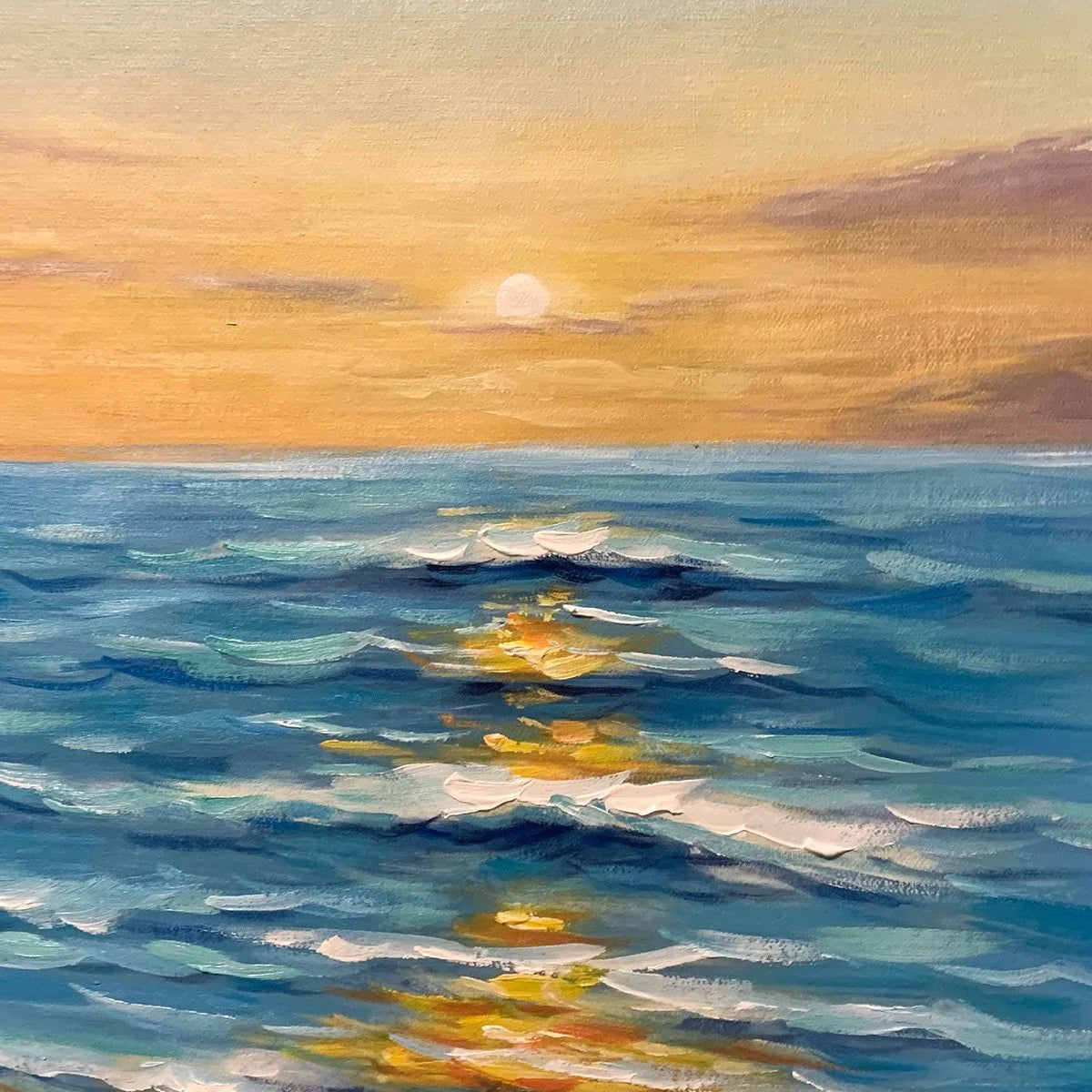 SUNKISSED SHORES: Vertical Ocean Sunset Painting, Beach Wall Art | black frame version on white wall