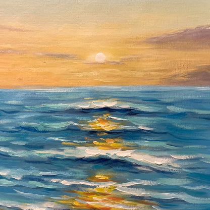 SUNKISSED SHORES: Vertical Ocean Sunset Painting, Beach Wall Art | black frame version on white wall