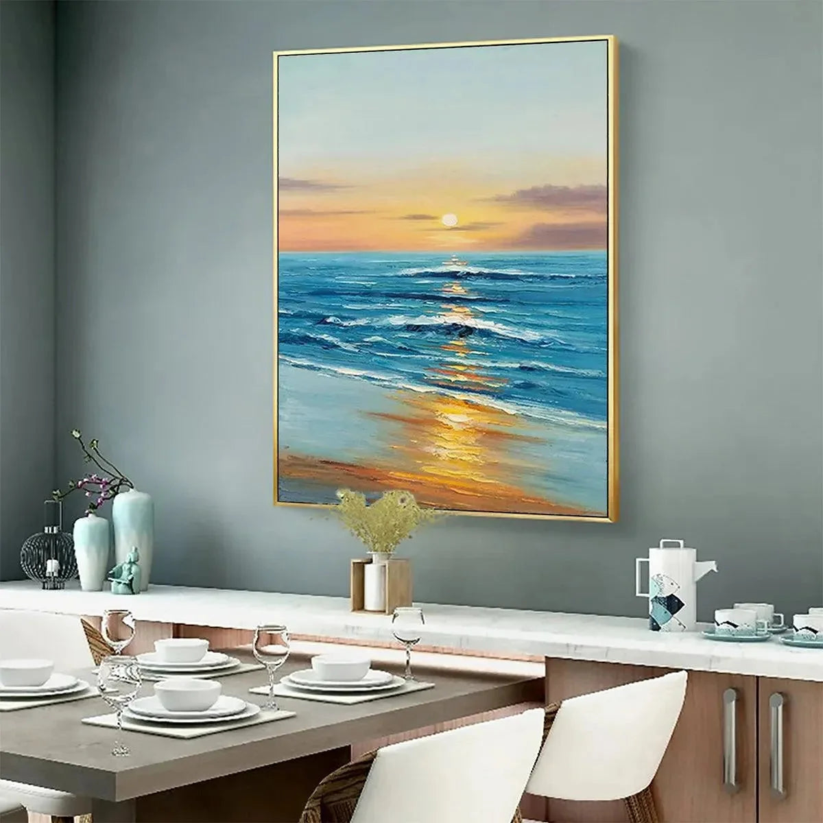 SUNKISSED SHORES: Vertical Ocean Sunset Painting, Beach Wall Art | multi-color palette, original oil on stretched canvas art