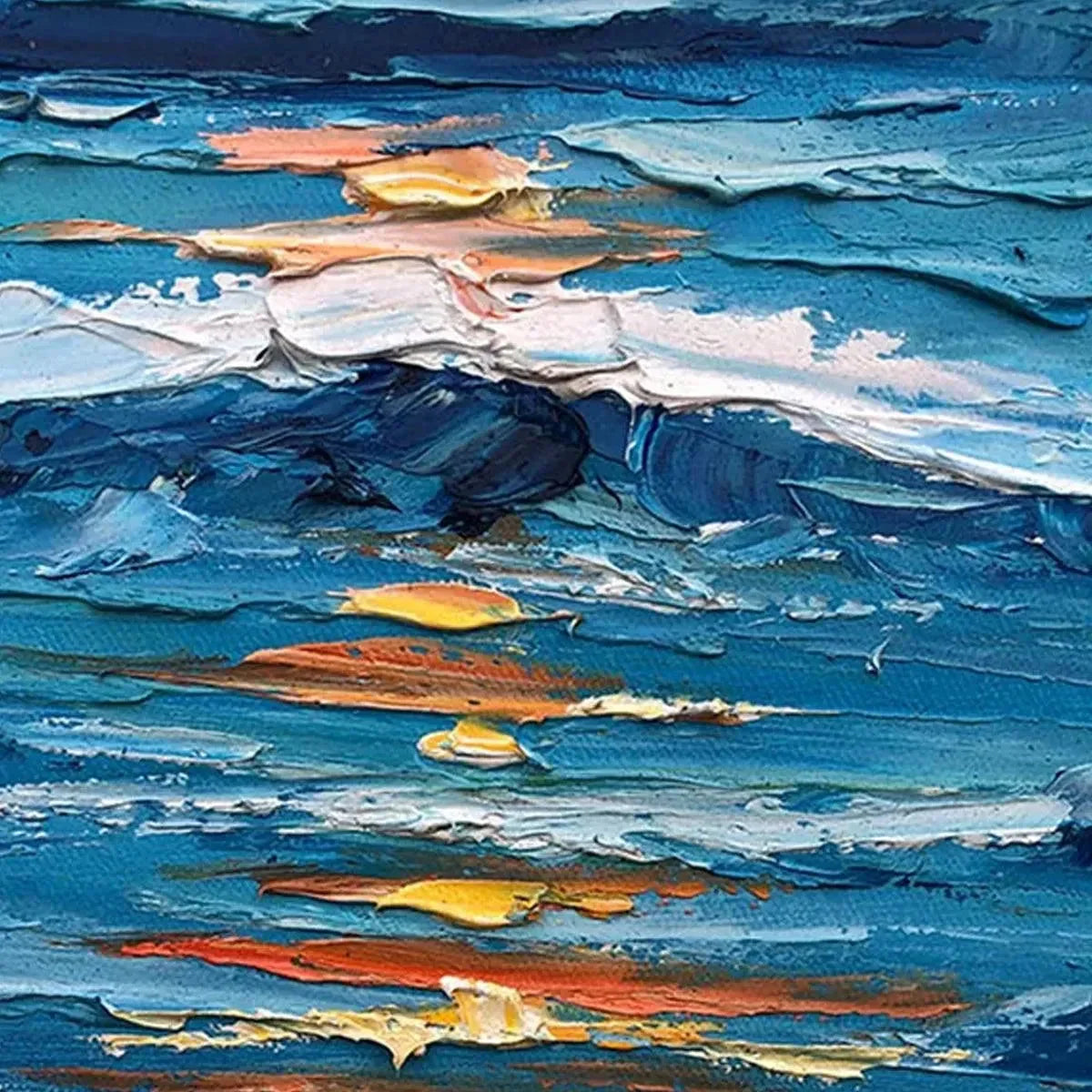 SUNKISSED SHORES: Vertical Ocean Sunset Painting, Beach Wall Art | texture detail, palette knife marks visible