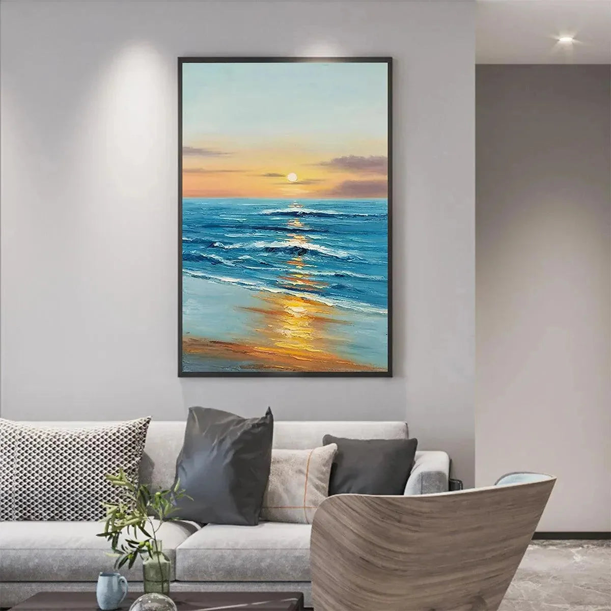 SUNKISSED SHORES: Vertical Ocean Sunset Painting, Beach Wall Art | texture detail, palette knife marks visible