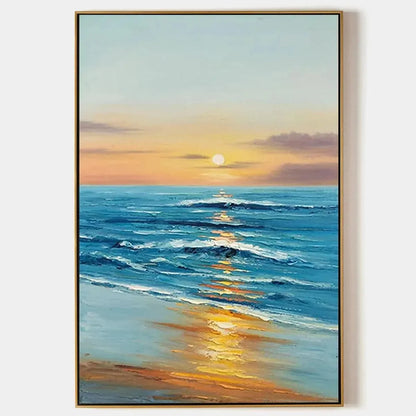 SUNKISSED SHORES: Vertical Ocean Sunset Painting, Beach Wall Art | hanging in living room, Abstract wall art