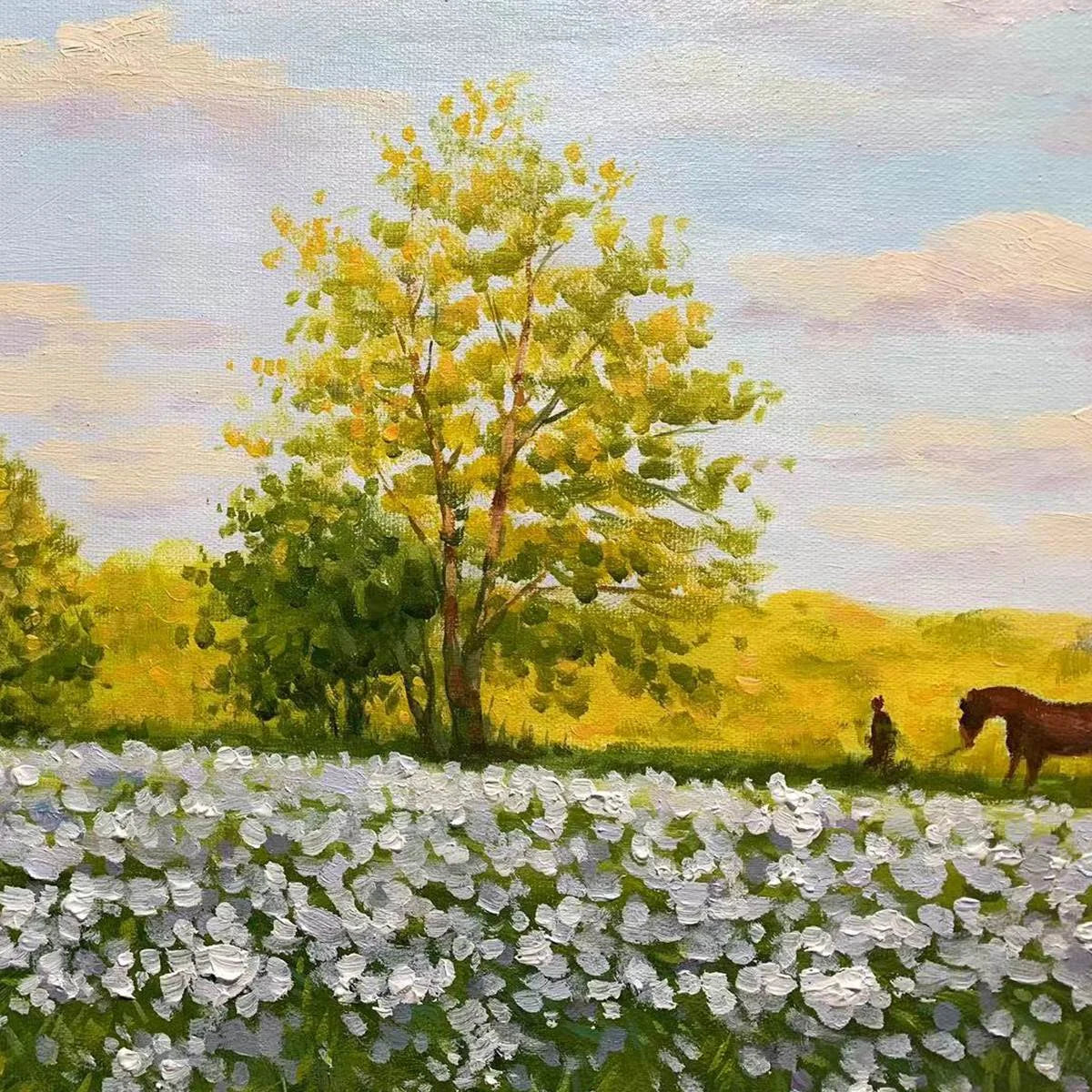 SUNLIT MEADOW: Tranquil Landscape Painting with Horse and Figure | Landscape closeup, raised brushwork detail