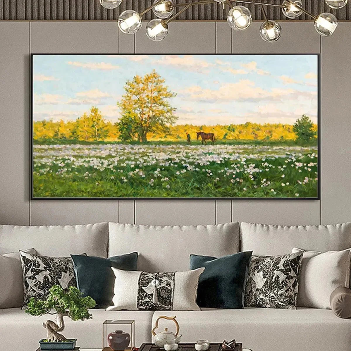 SUNLIT MEADOW: Tranquil Landscape Painting with Horse and Figure | rectangular format, hand-painted canvas edge