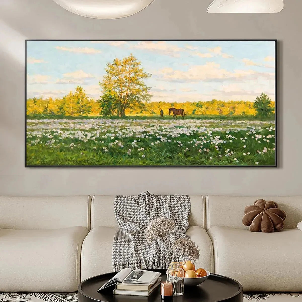SUNLIT MEADOW: Tranquil Landscape Painting with Horse and Figure | gold frame stretched on neutral wall