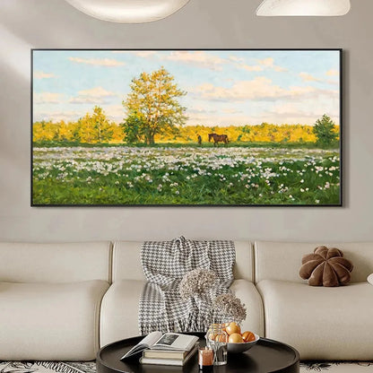 SUNLIT MEADOW: Tranquil Landscape Painting with Horse and Figure | gold frame stretched on neutral wall