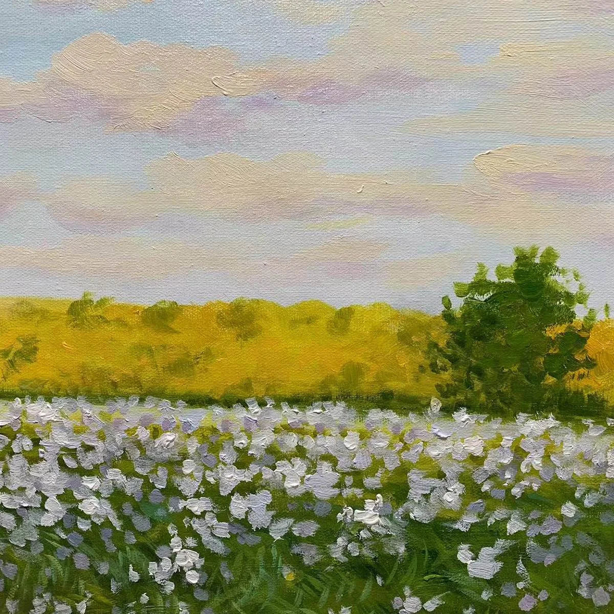 SUNLIT MEADOW: Tranquil Landscape Painting with Horse and Figure | rolled canvas, ready for custom framing