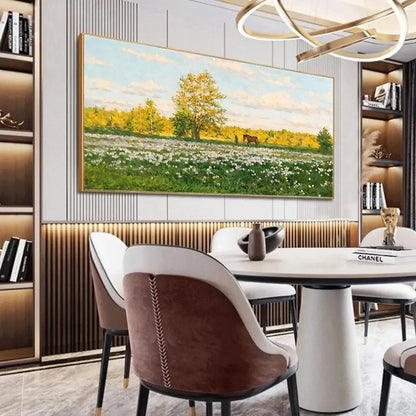 SUNLIT MEADOW: Tranquil Landscape Painting with Horse and Figure | black frame version on white wall