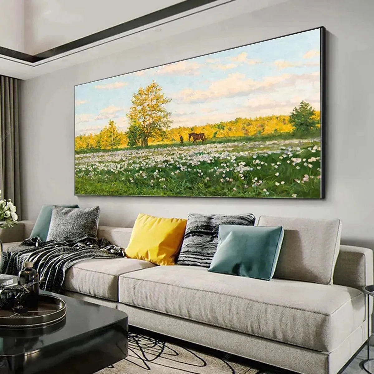 SUNLIT MEADOW: Tranquil Landscape Painting with Horse and Figure | Landscape mood, soft natural light studio shot