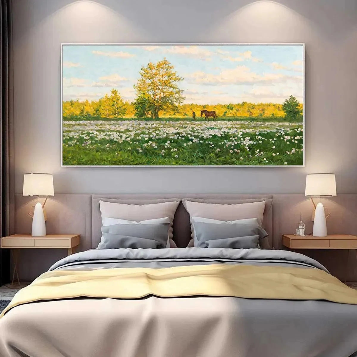 SUNLIT MEADOW: Tranquil Landscape Painting with Horse and Figure | multi-color palette, original oil on stretched canvas art