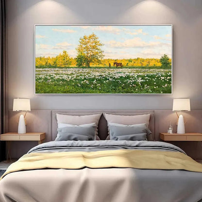 SUNLIT MEADOW: Tranquil Landscape Painting with Horse and Figure | multi-color palette, original oil on stretched canvas art