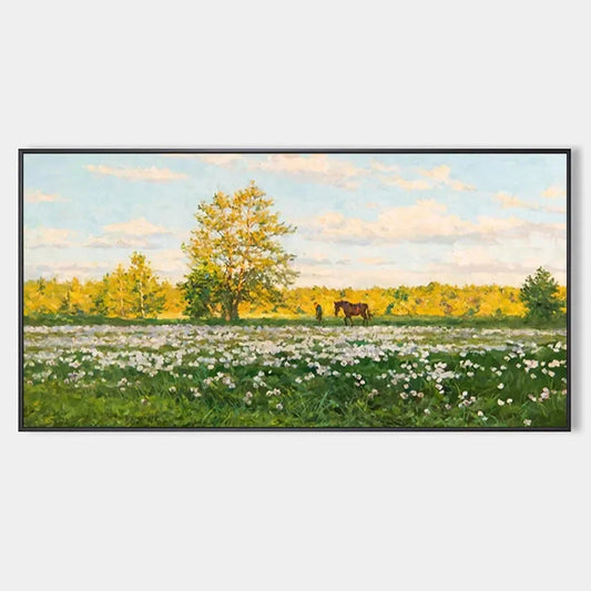 SUNLIT MEADOW: Tranquil Landscape Painting with Horse and Figure | hanging in living room, Landscape wall art