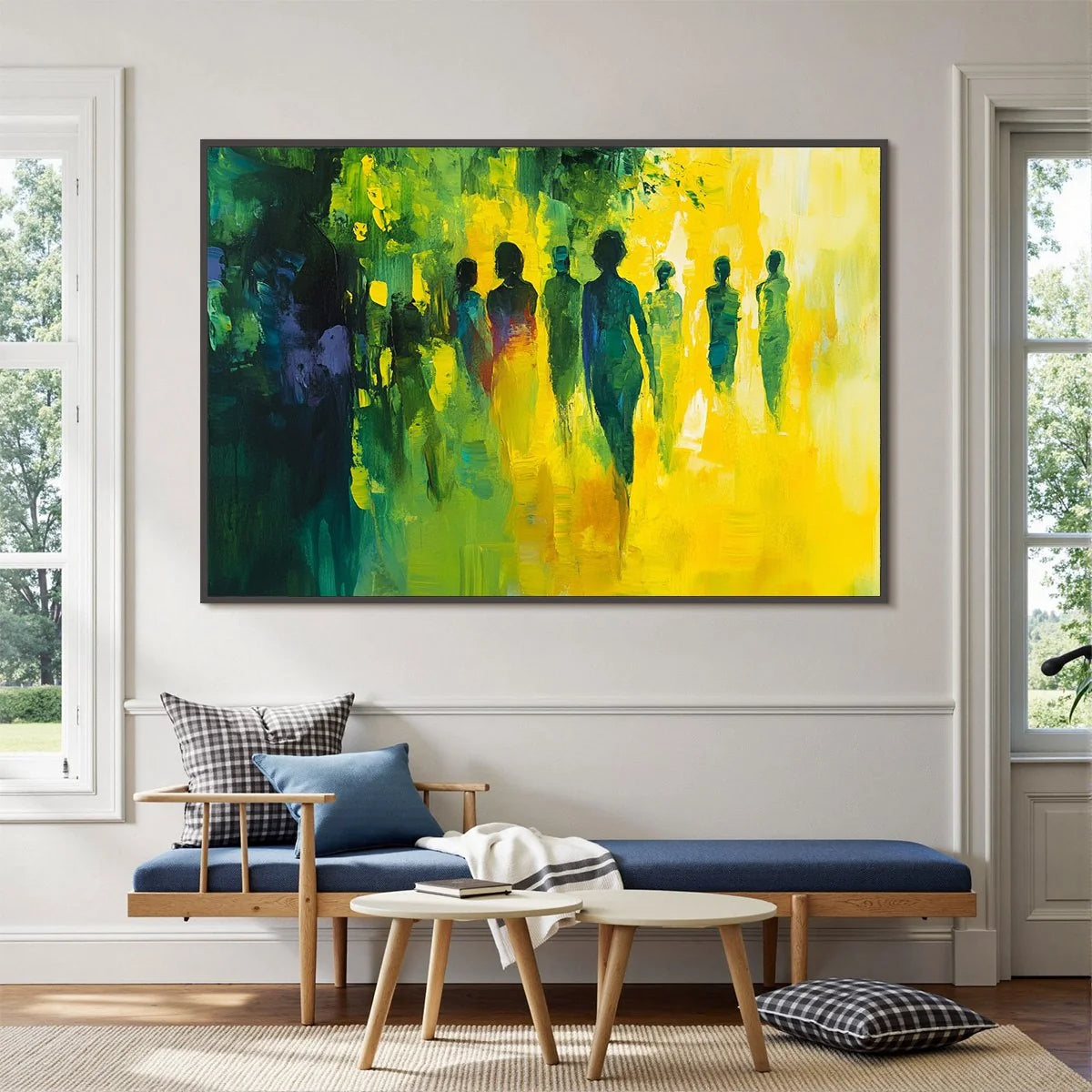 SUNLIT PASSAGE: Vibrant Abstract Figurative Oil Painting | gold frame stretched on neutral wall