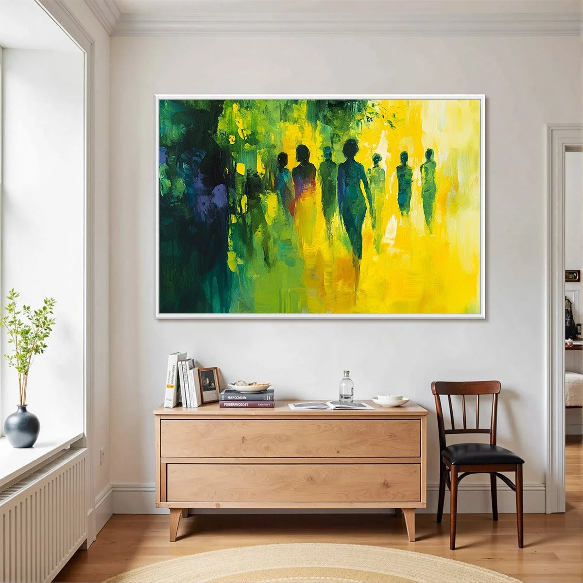 SUNLIT PASSAGE: Vibrant Abstract Figurative Oil Painting | black frame version on white wall