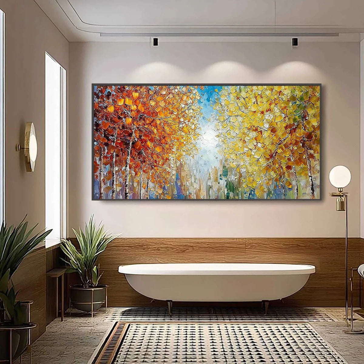 SUNLIT STROLL: Textured Palette Knife Autumn Forest Landscape Painting | gold frame stretched on neutral wall