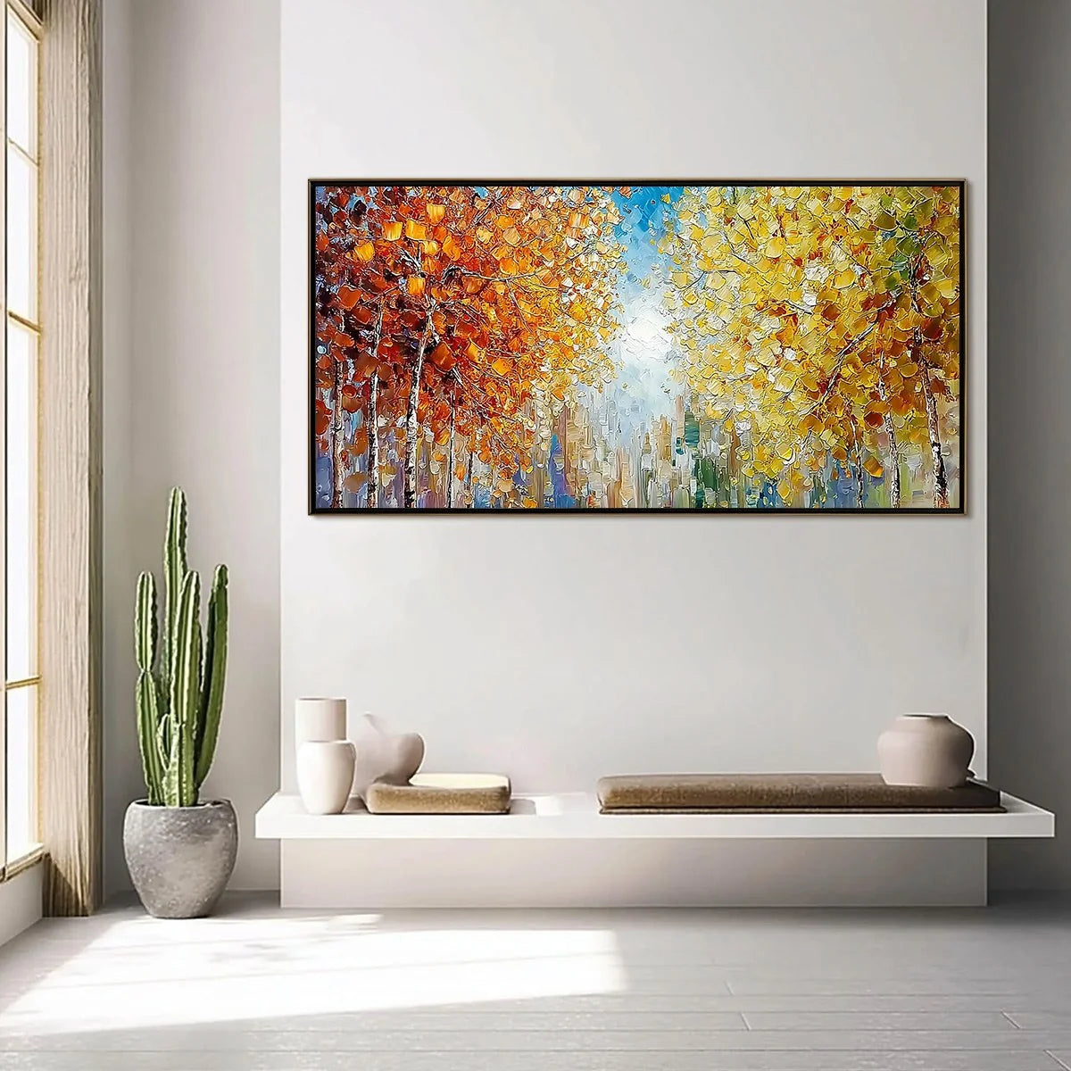 SUNLIT STROLL: Textured Palette Knife Autumn Forest Landscape Painting | black frame version on white wall