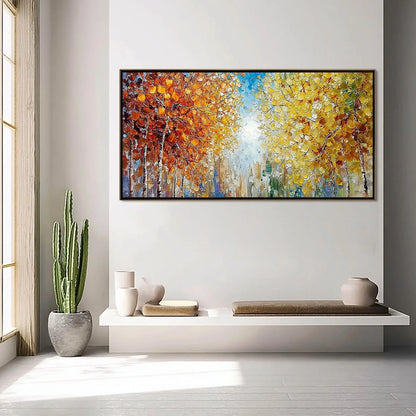 SUNLIT STROLL: Textured Palette Knife Autumn Forest Landscape Painting | black frame version on white wall