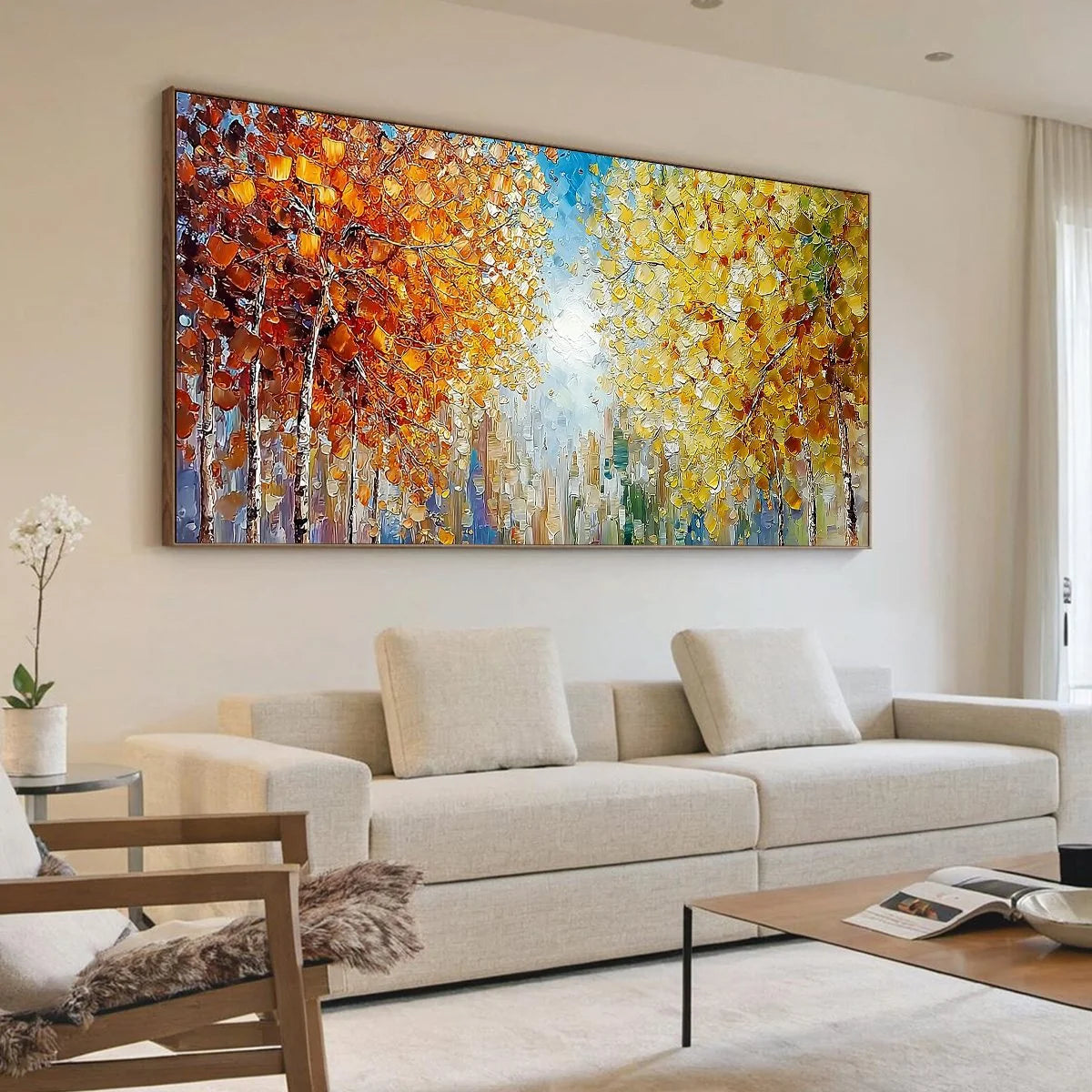 SUNLIT STROLL: Textured Palette Knife Autumn Forest Landscape Painting | Landscape mood, soft natural light studio shot