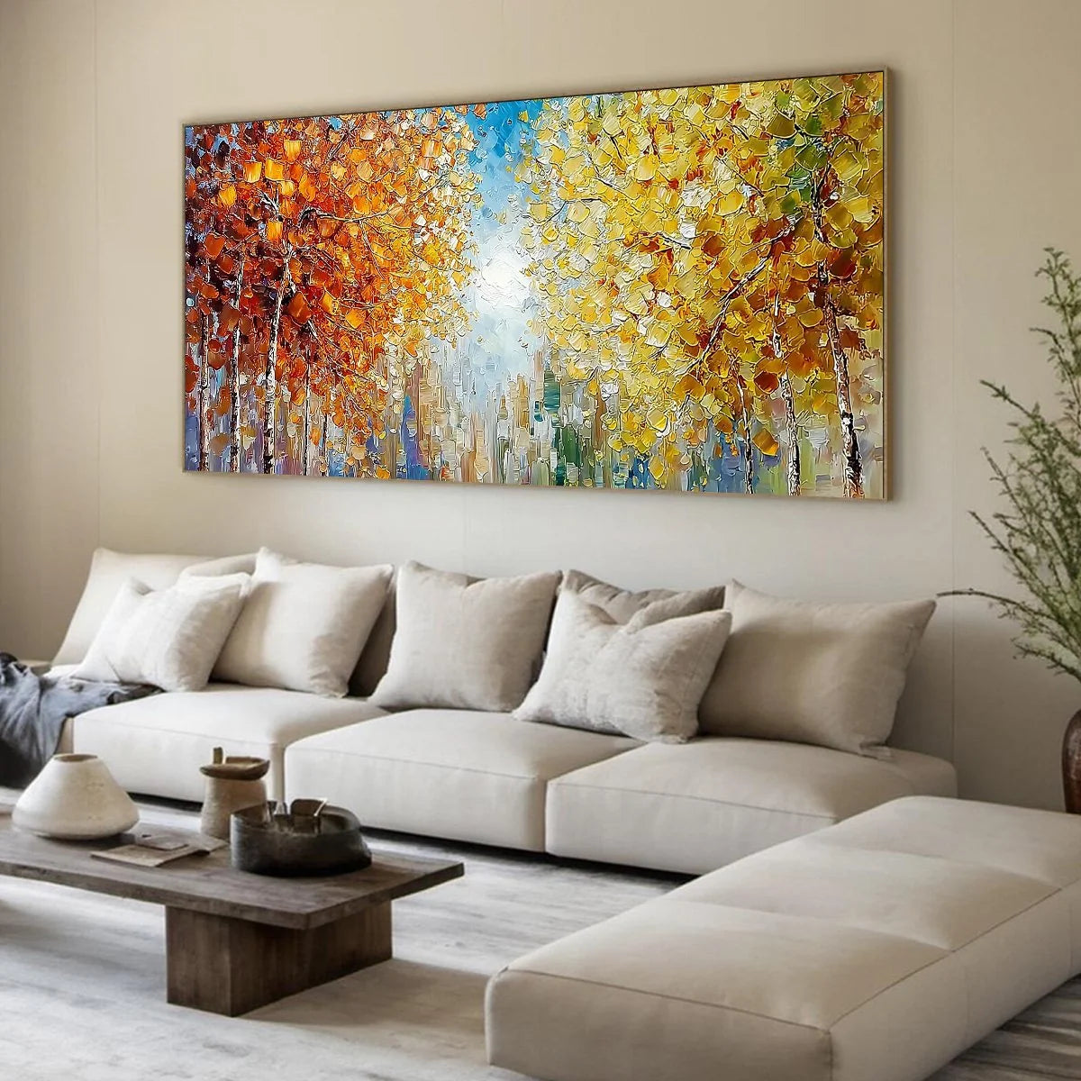 SUNLIT STROLL: Textured Palette Knife Autumn Forest Landscape Painting | green palette, original oil on stretched canvas art