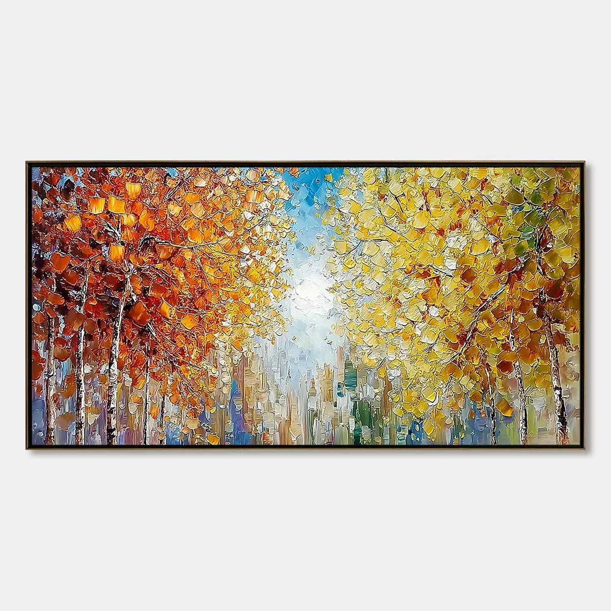 SUNLIT STROLL: Textured Palette Knife Autumn Forest Landscape Painting | hanging in living room, Landscape wall art