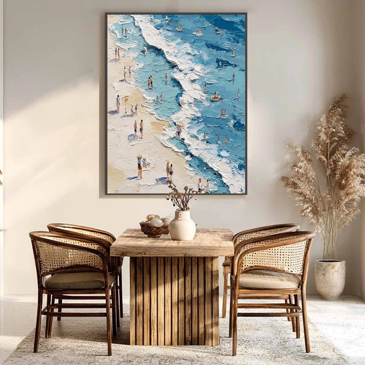 SUNLIT TIDELINE: Textured Palette Knife Beach Scene Painting | gold frame stretched on neutral wall
