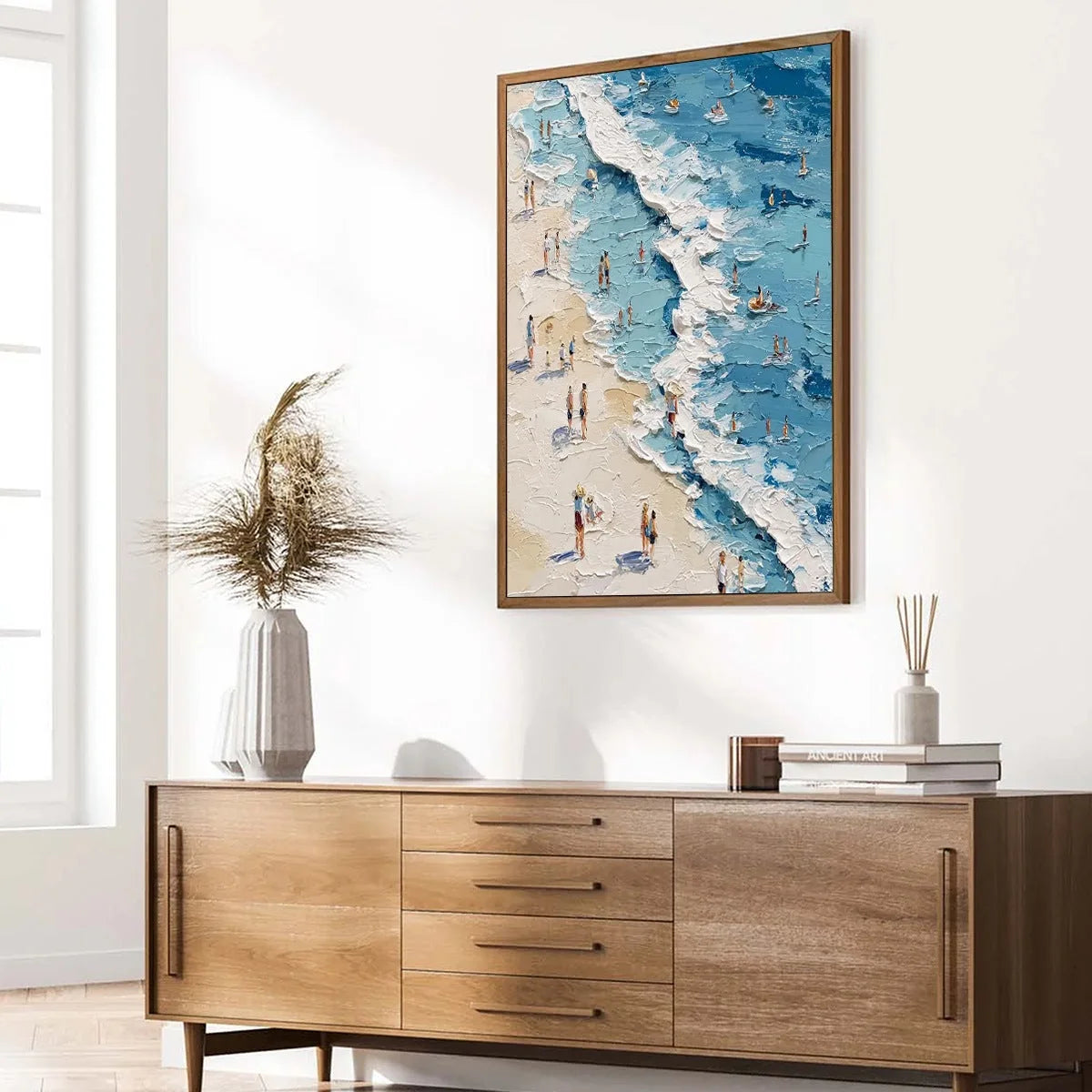 SUNLIT TIDELINE: Textured Palette Knife Beach Scene Painting | rolled canvas, ready for custom framing