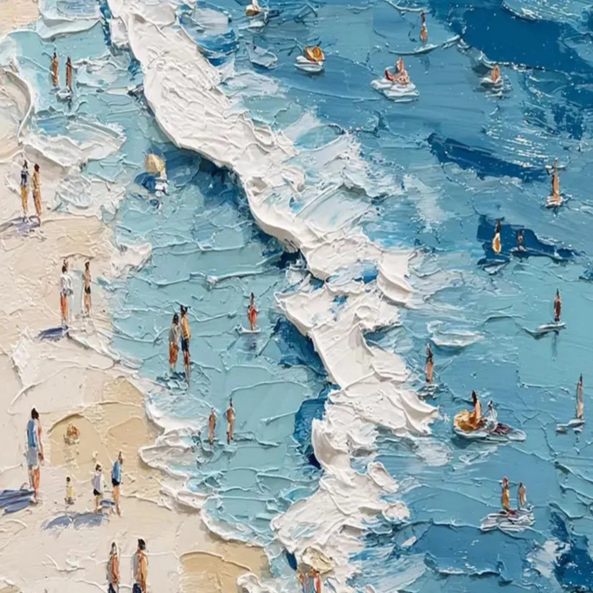 SUNLIT TIDELINE: Textured Palette Knife Beach Scene Painting | black frame version on white wall