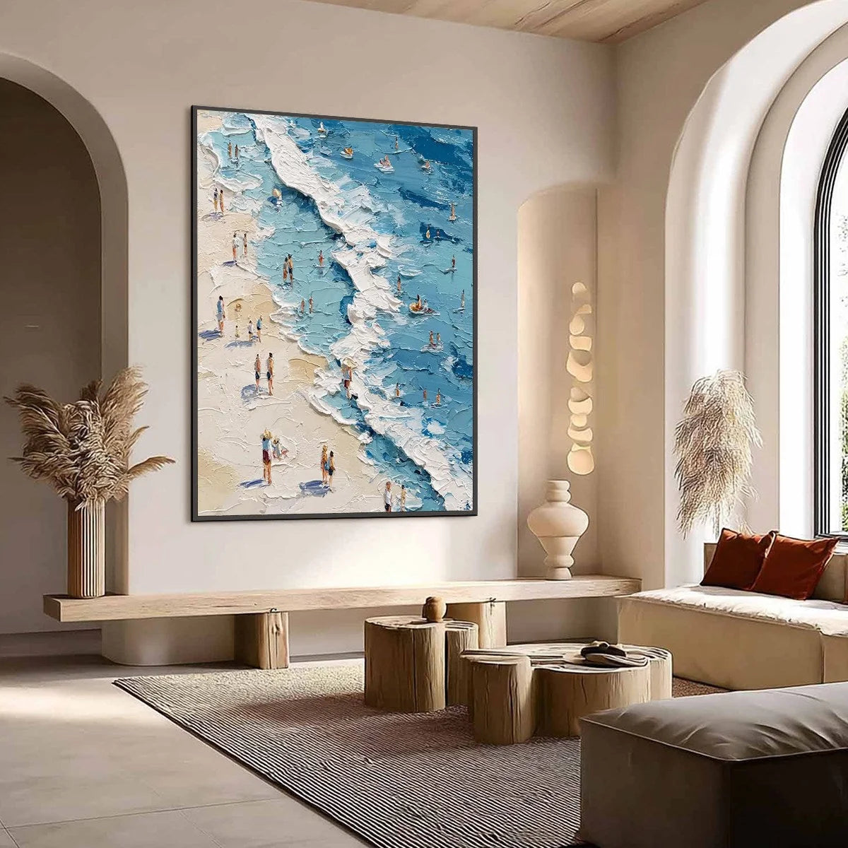 SUNLIT TIDELINE: Textured Palette Knife Beach Scene Painting | multi-color palette, original oil on stretched canvas art