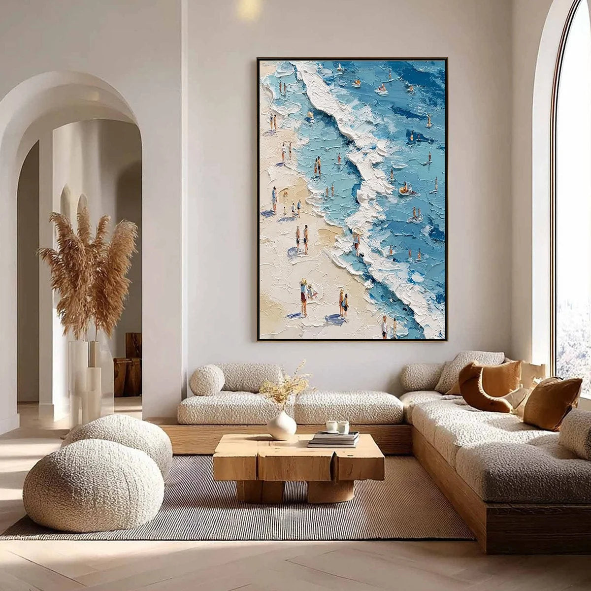 SUNLIT TIDELINE: Textured Palette Knife Beach Scene Painting | texture detail, palette knife marks visible