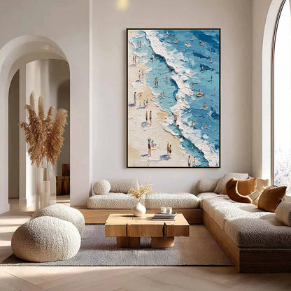 SUNLIT TIDELINE: Textured Palette Knife Beach Scene Painting | texture detail, palette knife marks visible