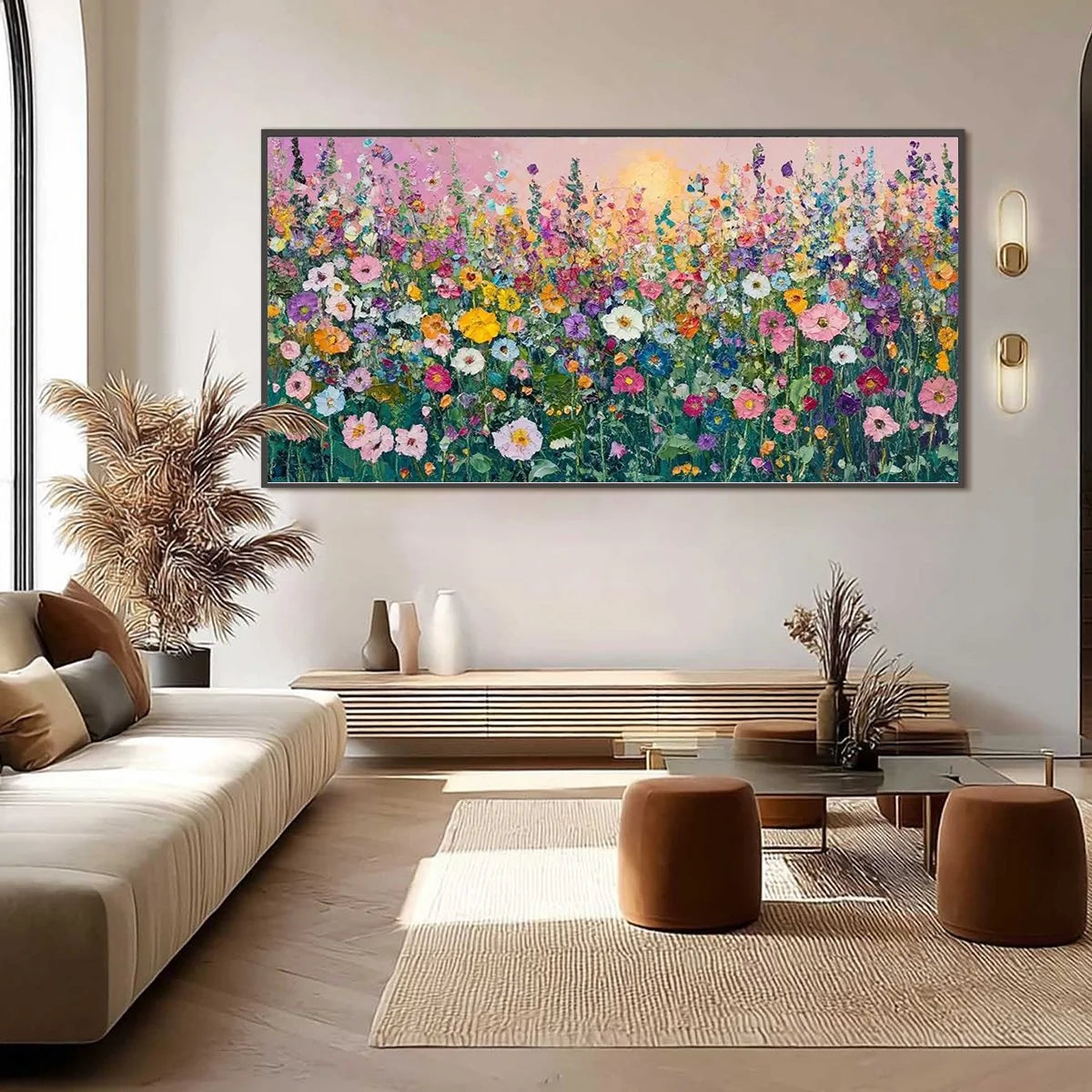 SUNLIT WILDFLOWER: Impasto Colorful Floral Field Painting | rectangular format, hand-painted canvas edge