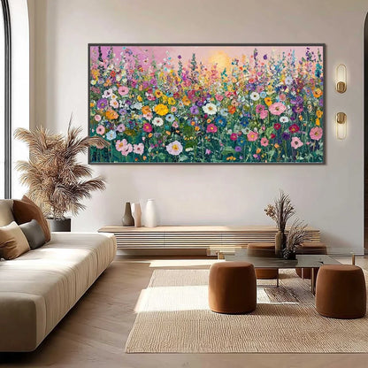 SUNLIT WILDFLOWER: Impasto Colorful Floral Field Painting | rectangular format, hand-painted canvas edge