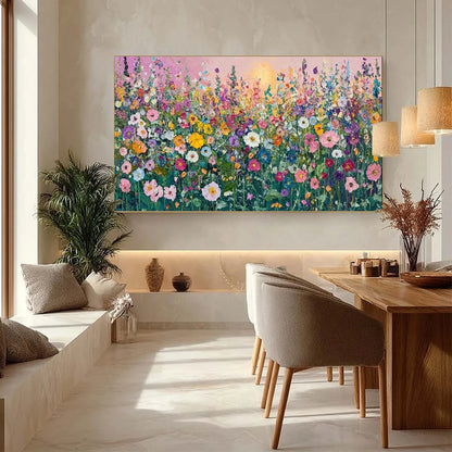 SUNLIT WILDFLOWER: Impasto Colorful Floral Field Painting | gold frame stretched on neutral wall