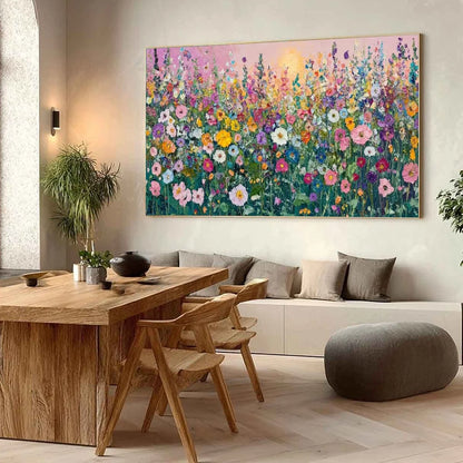 SUNLIT WILDFLOWER: Impasto Colorful Floral Field Painting | rolled canvas, ready for custom framing